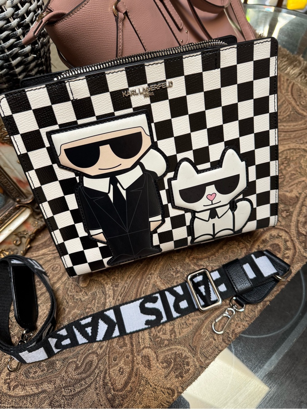 Karl Lagerfeld Black & White Checkerboard Crossbody Pouch with Cartoon Motif
